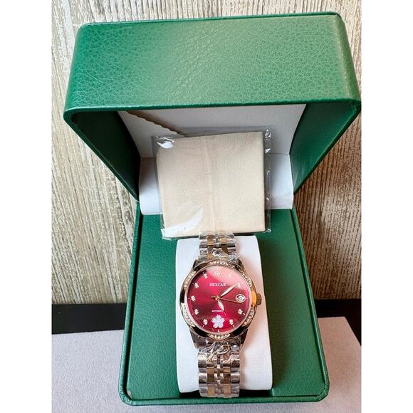 NWT Stunning 2-Toned Moissanite Self-Wind Watch w/ Red Face - Picture 2 of 11
